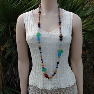 HANDMADE X-Long Multicolored Glass & Wood Beaded Necklace with Moving Ring